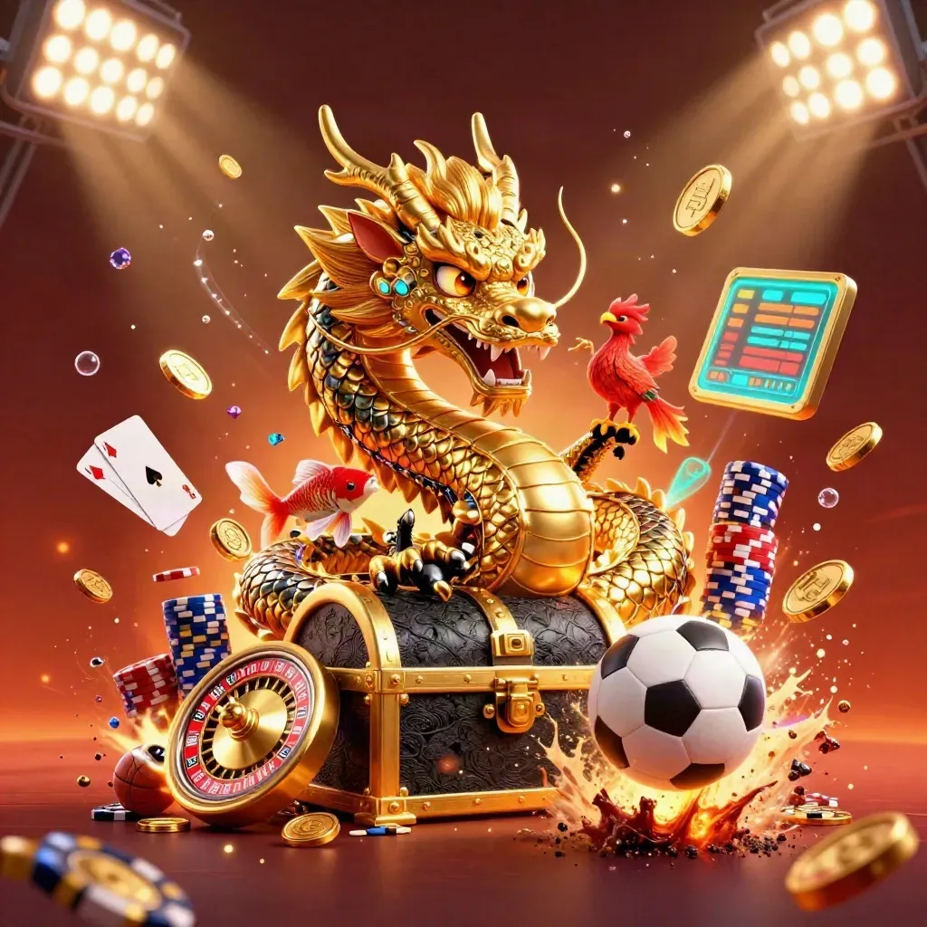 Golden dragon, phoenix, koi, and casino symbols erupt around sports balls in neon stadium light.