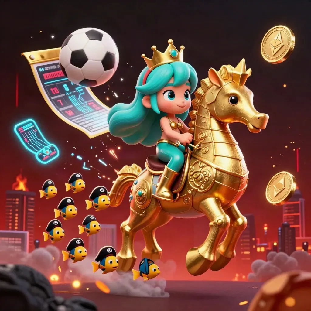 Mermaid princess on armored seahorse amid flying coins, balls, embers, and teal casino light.