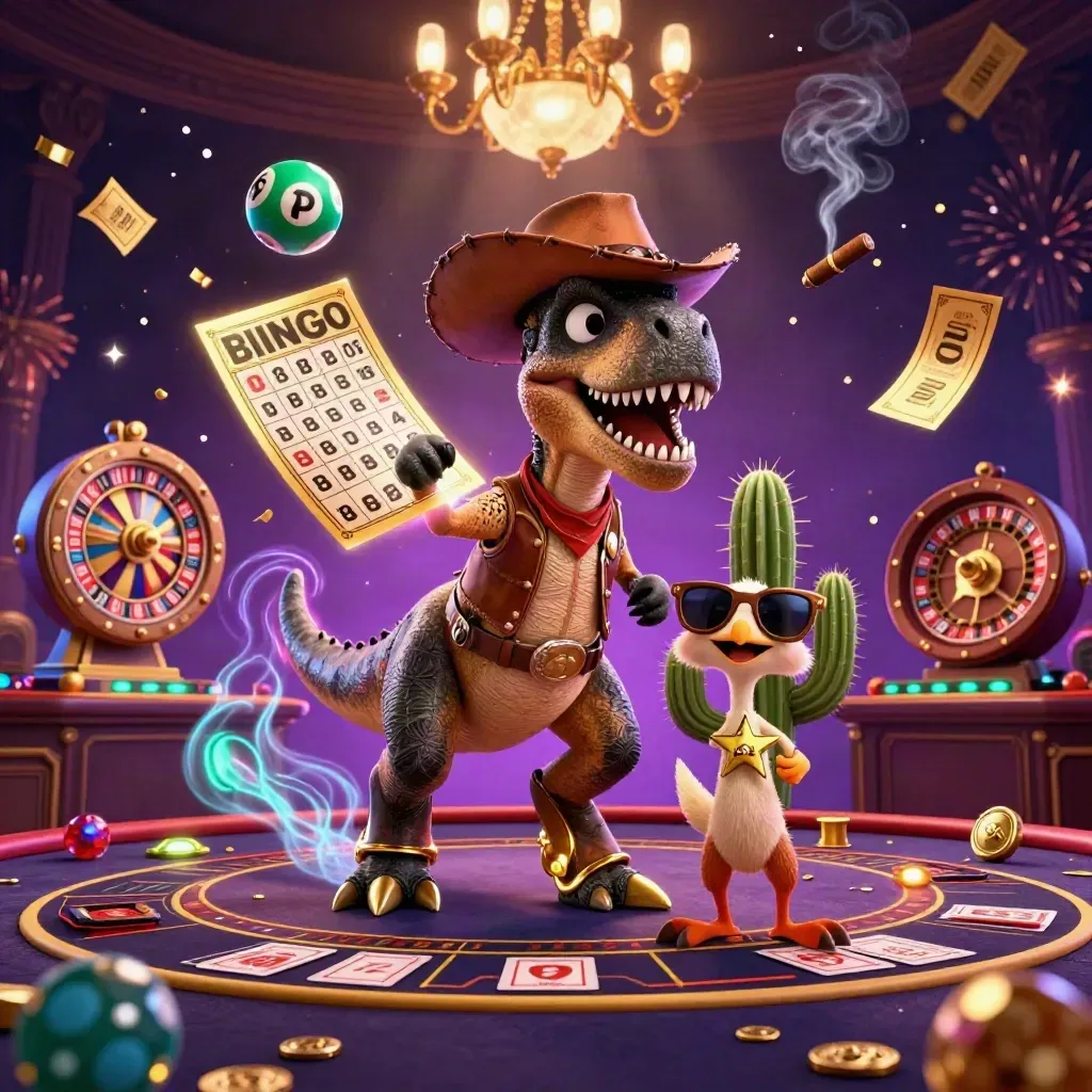 Cowboy T-Rex, cactus, and roadrunner in a luxe casino scene with glowing game props