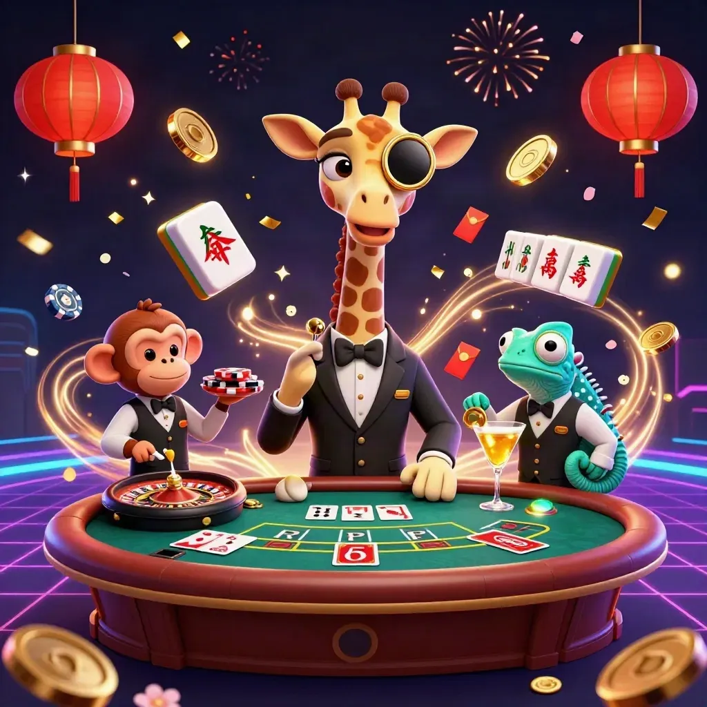 Giraffe, monkey, and chameleon in a casino burst of gold coins, fireworks, and teal neon.