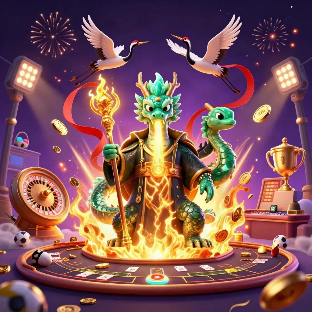 Dragon, turtle sage, and cranes amid casino treasure, coins, fireworks, and gaming symbols.