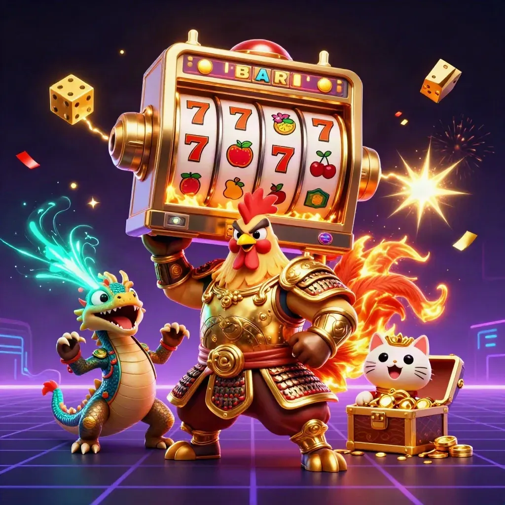 Rooster samurai, spark-dragon hatchling, and fortune-cat amid a jackpot slot burst