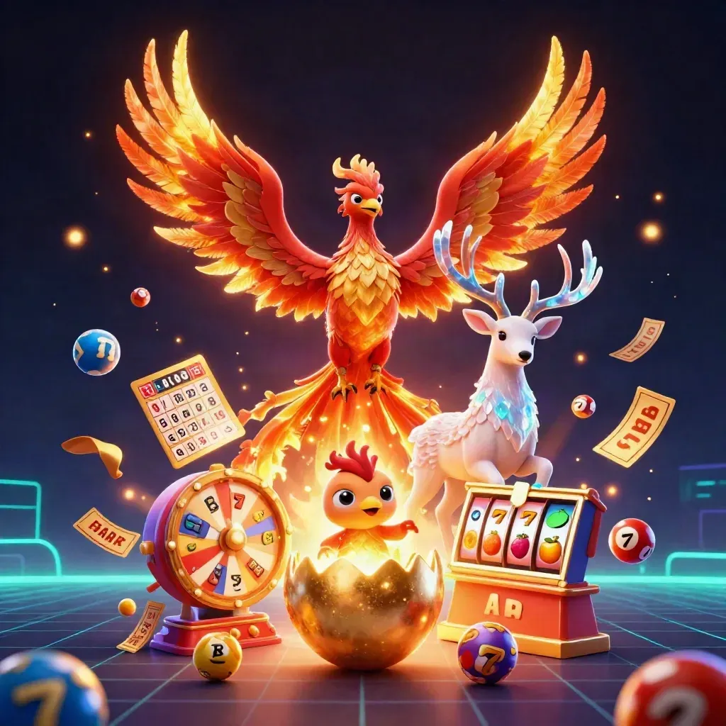 Phoenix, hatchling egg, and crystal stag amid casino reels, balls, cards, and golden sparks.